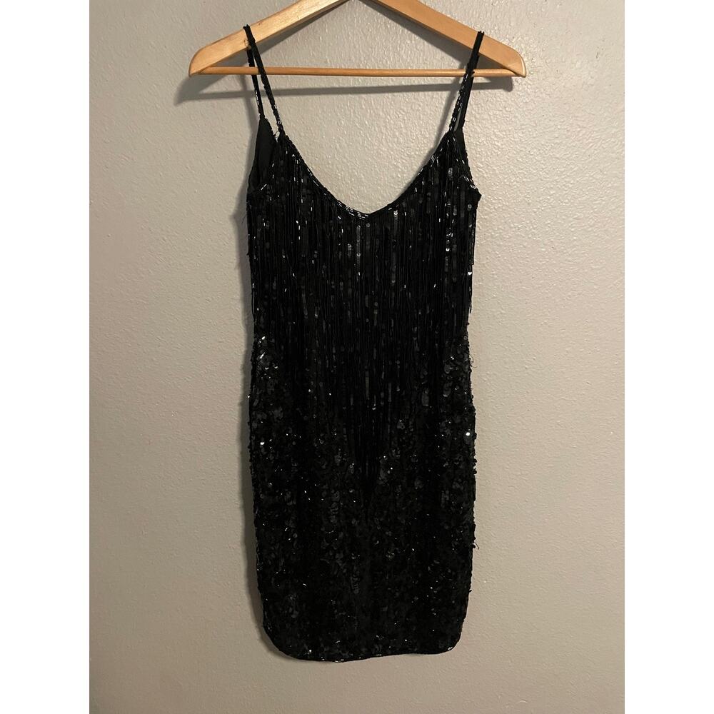 Vintage Nite Line Dress Womens 4 Black Silk Beaded Sequin Slip 90s Gatsby READ